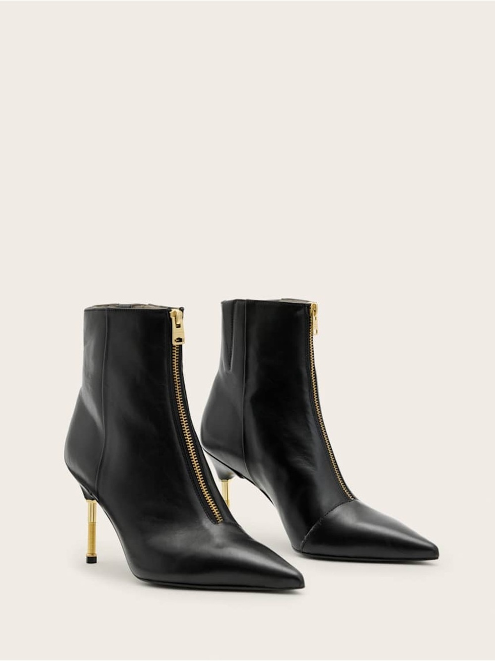AllSaints Natasha Black Leather Pointed Toe Gold Screw Heel Ankle Boots 39